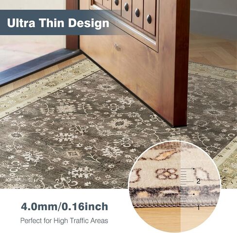 4x6 Washable Area Rug, Low Pile Faux Wool Carpet for Living Room, Bedroom, Dining Room, Vintage Flower Design, Non-Shedding Low-Pile Rug in Green for High-Traffic Areas with Non-Slip Rubber Back in Saudi Arabia