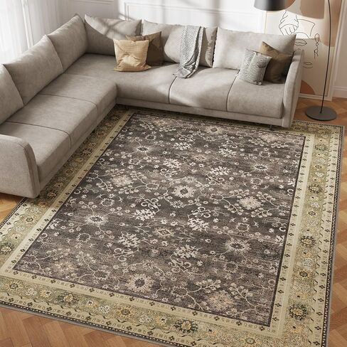 4x6 Washable Area Rug, Low Pile Faux Wool Carpet for Living Room, Bedroom, Dining Room, Vintage Flower Design, Non-Shedding Low-Pile Rug in Green for High-Traffic Areas with Non-Slip Rubber Back in Saudi Arabia