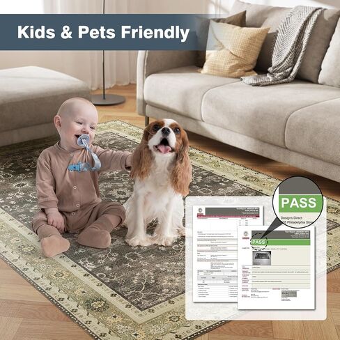 4x6 Washable Area Rug, Low Pile Faux Wool Carpet for Living Room, Bedroom, Dining Room, Vintage Flower Design, Non-Shedding Low-Pile Rug in Green for High-Traffic Areas with Non-Slip Rubber Back in Saudi Arabia