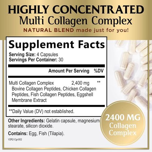 Multi Collagen Peptides 2400mg for Women – Best Hydrolyzed Collagen Complex with 5 Types (I, II, III, V, X) - Grass Fed - Hair, Skin, Nail, Bone & Joint Support for Beauty & Wellness – 120 Capsules in Kuwait