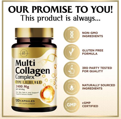 Multi Collagen Peptides 2400mg for Women – Best Hydrolyzed Collagen Complex with 5 Types (I, II, III, V, X) - Grass Fed - Hair, Skin, Nail, Bone & Joint Support for Beauty & Wellness – 120 Capsules in Kuwait