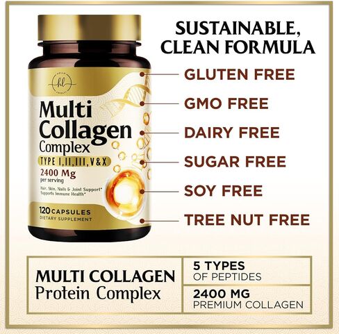 Multi Collagen Peptides 2400mg for Women – Best Hydrolyzed Collagen Complex with 5 Types (I, II, III, V, X) - Grass Fed - Hair, Skin, Nail, Bone & Joint Support for Beauty & Wellness – 120 Capsules in Kuwait