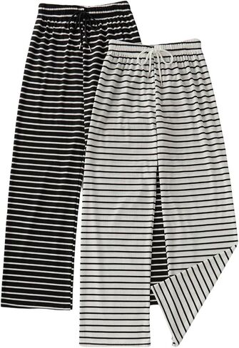 Women's 2 Pack Stripe Wide Leg Pj Pants Knot Front Comfy Lounge Pajama Bottoms Casual Trousers in Saudi Arabia