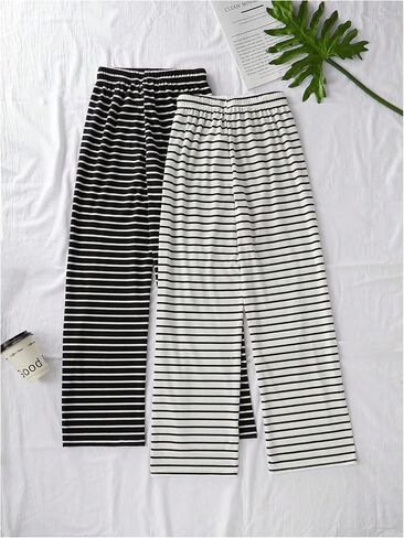 Women's 2 Pack Stripe Wide Leg Pj Pants Knot Front Comfy Lounge Pajama Bottoms Casual Trousers in Saudi Arabia