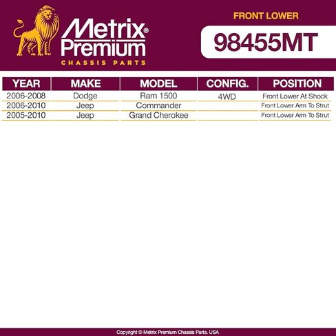 أجزاء الهيكل الفاخرة من Metrix - طقم جلبة ذراع التحكم السفلي الأمامي مكون من قطعتين يناسب 2006-2008 Dodge Ram 1500 4WD، 2006-2010 Jeep Commander، 2005-2010 Grand Cherokee، استبدال K200183، صنع في أوروبا in Saudi Arabia