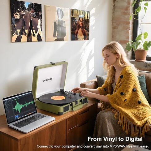 Bluetooth Record Player with Speakers, 3-Speed Portable Suitcase Turntable LP Player, Belt-Drive Vinyl Record Player with PC Recording, RCA/AUX/Headphone Jack, Purple in Kuwait