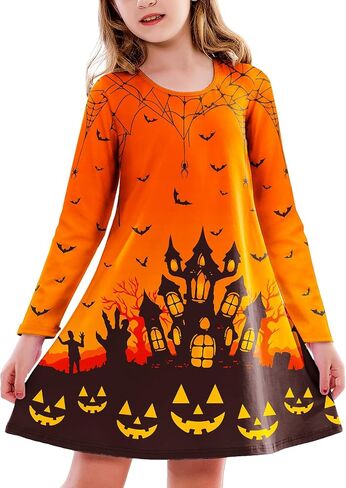 Deerose Girls Halloween Dresses Long Sleeve Holiday Swing Dress Crewneck Cute Printed Outfits 3-14 Years in Saudi Arabia