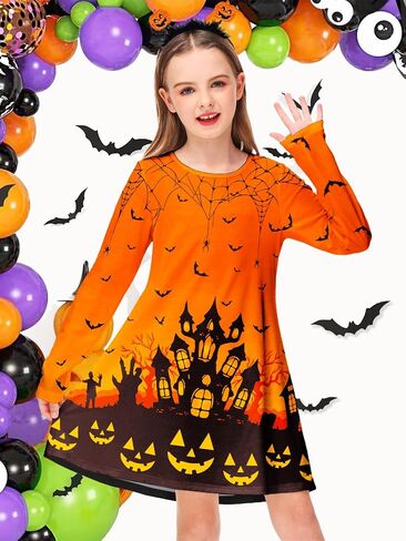 Deerose Girls Halloween Dresses Long Sleeve Holiday Swing Dress Crewneck Cute Printed Outfits 3-14 Years in Saudi Arabia