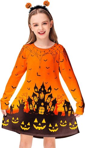 Deerose Girls Halloween Dresses Long Sleeve Holiday Swing Dress Crewneck Cute Printed Outfits 3-14 Years in Saudi Arabia