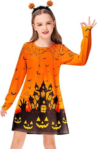 Deerose Girls Halloween Dresses Long Sleeve Holiday Swing Dress Crewneck Cute Printed Outfits 3-14 Years in Saudi Arabia