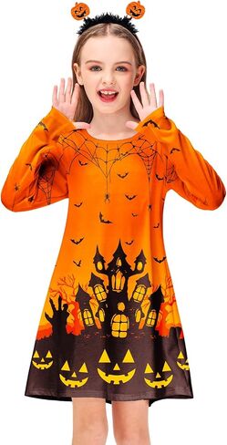 Deerose Girls Halloween Dresses Long Sleeve Holiday Swing Dress Crewneck Cute Printed Outfits 3-14 Years in Saudi Arabia