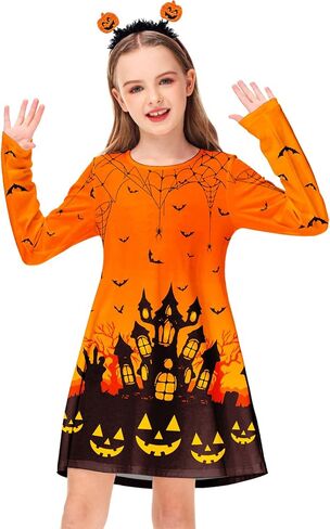 Deerose Girls Halloween Dresses Long Sleeve Holiday Swing Dress Crewneck Cute Printed Outfits 3-14 Years in Saudi Arabia