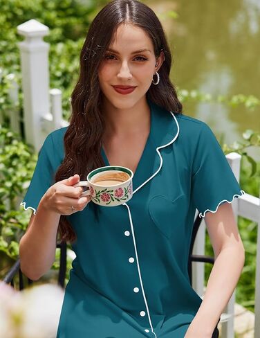 Ekouaer قمصان نوم قطنية للنساء بأزرار سفلية قمصان نوم قصيرة الأكمام فستان سهرة صديقها ملابس نوم قمصان ليلية ناعمة in Saudi Arabia