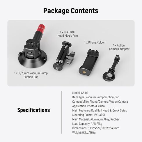 Neewer Dual Suction Cup Car Mount Kit with 360° Ball Head Magic Arm, Quick Release Air Pump Vacuum Camera Mount with Phone Holder & Action Camera Adapter Compatible with Insta360 DJI OSMO, CA066 in Saudi Arabia