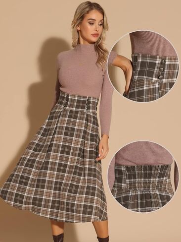تنورة Allegra K Vintage منقوشة للنساء بخصر عالي المرونة للخريف والشتاء تنورة متوسطة الطول على شكل حرف A in Saudi Arabia