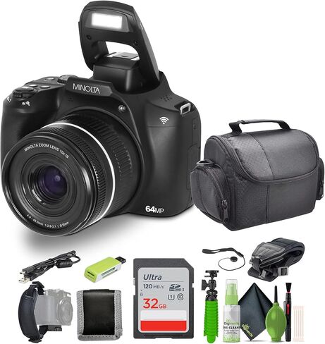 Minolta 64 Mega Pixels Auto Focus Digital Camera with 10x Optical Zoom,4K Ultra HD Video and Macro Shooting, Bundle with 32 GB Memory Card + Vlogging Tripod + Cleaning kit + More Accessories - Purple in Kuwait