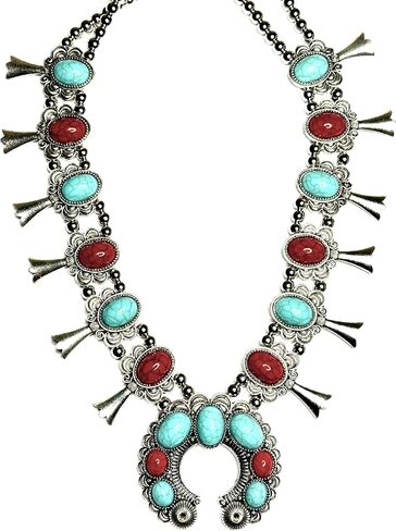 Red and turquoise stone squash blossom flower bib necklace in Saudi Arabia