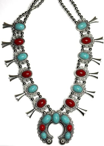 Red and turquoise stone squash blossom flower bib necklace in Saudi Arabia