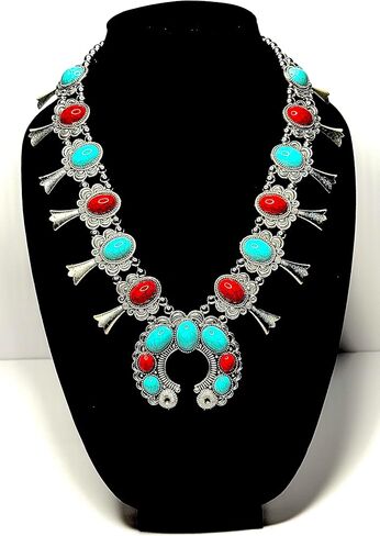 Red and turquoise stone squash blossom flower bib necklace in Saudi Arabia