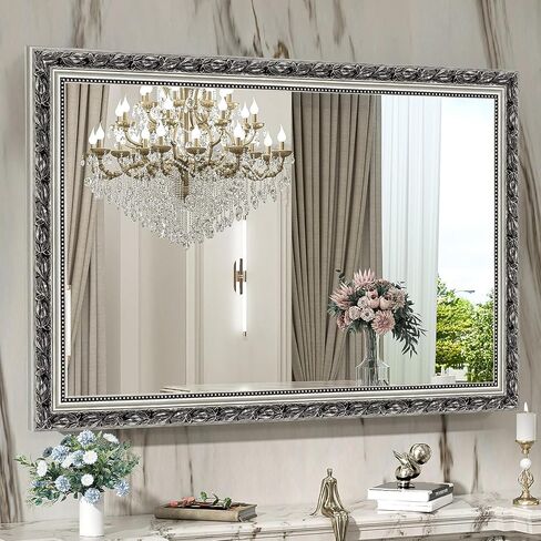 Vintage Bathroom Mirrors for Wall, Rectangle Silver Frame Wall Mounted Mirror Vertical or Horizontal Hanging for Living Room, Bedroom (32" X 24" Silver) in Saudi Arabia
