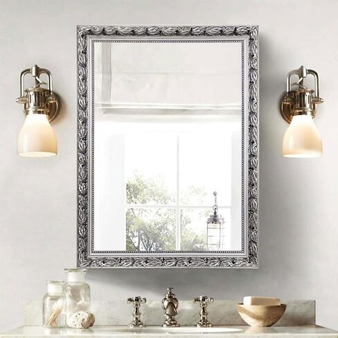 Vintage Bathroom Mirrors for Wall, Rectangle Silver Frame Wall Mounted Mirror Vertical or Horizontal Hanging for Living Room, Bedroom (32" X 24" Silver) in Saudi Arabia