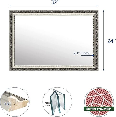 Vintage Bathroom Mirrors for Wall, Rectangle Silver Frame Wall Mounted Mirror Vertical or Horizontal Hanging for Living Room, Bedroom (32" X 24" Silver) in Saudi Arabia