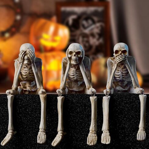 Halloween Skeleton Statues, Sets of 3 See Speak Hear No Evil Realistic Skull Decorations, Resin Horror Collectible Figures for Home Party Decoration in Saudi Arabia