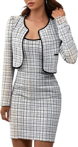 Women's 2 Piece Outfit Plaid Scoop Neck Bodycon Mini Tank Dress and Open Front Copped jacket in Saudi Arabia