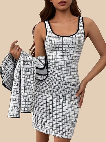 Women's 2 Piece Outfit Plaid Scoop Neck Bodycon Mini Tank Dress and Open Front Copped jacket in Saudi Arabia