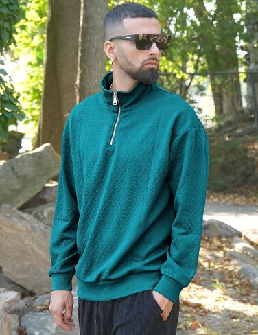 Men's Quarter Zip Sweatshirts Mock Neck Pullover Long Sleeve Solid Color Geometric Texture Waffle Sweatshirt in Saudi Arabia