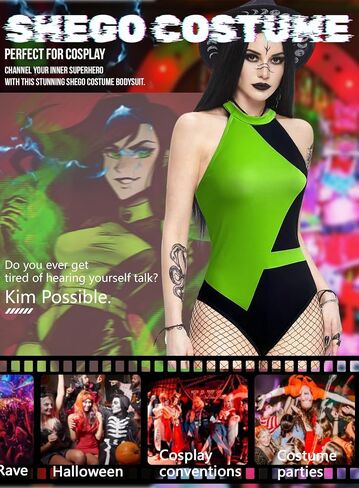 بدلة نسائية من EVELUST Colorblock Shego - ملابس تنكرية مثيرة لـ Kim Possible للمهرجانات، بذلة برقبة عالية in Saudi Arabia