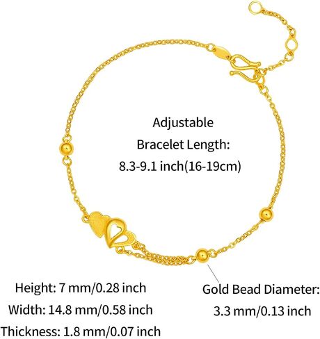 24K Solid Gold Bracelet for Women, Real Pure Gold Love Heart Bracelet Dainty Jewelry Fashion Heart Charm Dainty Jewelry Gold Chain Bracelet for Mother Lovers in Saudi Arabia