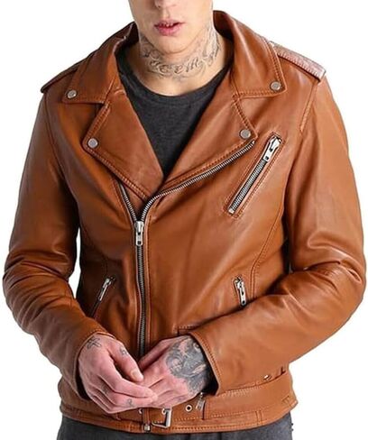 Men's Brown Slim Fit Genuine Lambskin Iconic Leather Biker Motorcycle Jacket Belted Zip Up Moto Riding Winter Coat Streetwear in Saudi Arabia