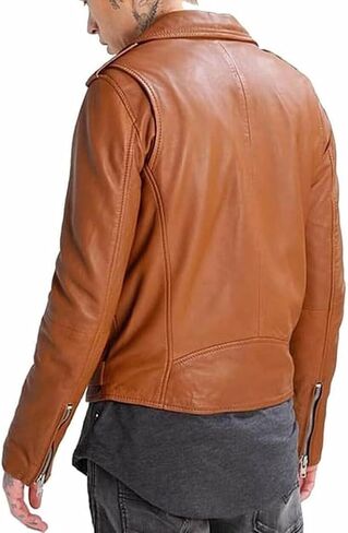 Men's Brown Slim Fit Genuine Lambskin Iconic Leather Biker Motorcycle Jacket Belted Zip Up Moto Riding Winter Coat Streetwear in Saudi Arabia