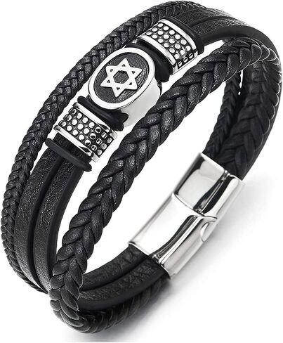 Charming bracelet， Men Three-Strand Black Braided Leather Bracelet with Steel Star of David Oval and Dotted Beads Charm (Size : 21.5CM) (Color : Black) in Saudi Arabia