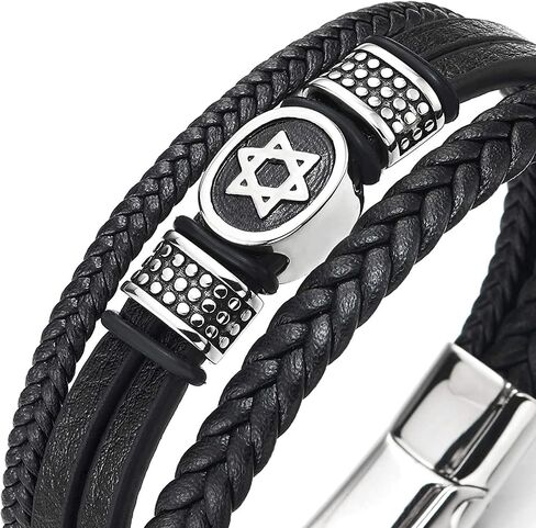 Charming bracelet， Men Three-Strand Black Braided Leather Bracelet with Steel Star of David Oval and Dotted Beads Charm (Size : 21.5CM) (Color : Black) in Saudi Arabia