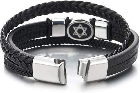 Charming bracelet， Men Three-Strand Black Braided Leather Bracelet with Steel Star of David Oval and Dotted Beads Charm (Size : 21.5CM) (Color : Black) in Saudi Arabia