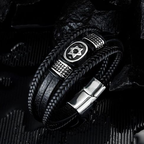 Charming bracelet， Men Three-Strand Black Braided Leather Bracelet with Steel Star of David Oval and Dotted Beads Charm (Size : 21.5CM) (Color : Black) in Saudi Arabia
