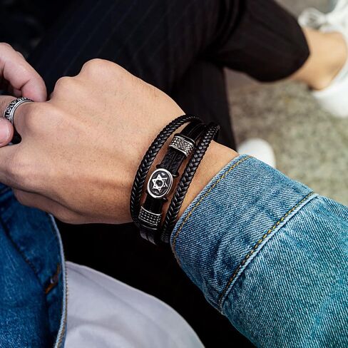 Charming bracelet， Men Three-Strand Black Braided Leather Bracelet with Steel Star of David Oval and Dotted Beads Charm (Size : 21.5CM) (Color : Black) in Saudi Arabia