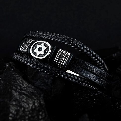 Charming bracelet， Men Three-Strand Black Braided Leather Bracelet with Steel Star of David Oval and Dotted Beads Charm (Size : 21.5CM) (Color : Black) in Saudi Arabia
