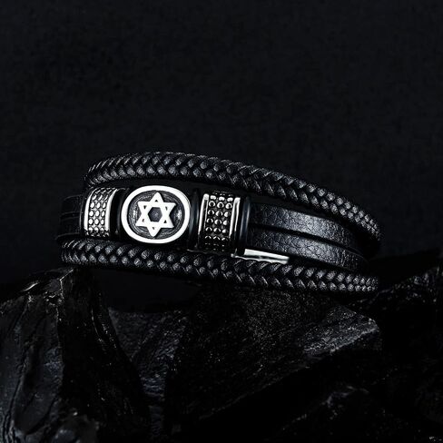 Charming bracelet， Men Three-Strand Black Braided Leather Bracelet with Steel Star of David Oval and Dotted Beads Charm (Size : 21.5CM) (Color : Black) in Saudi Arabia