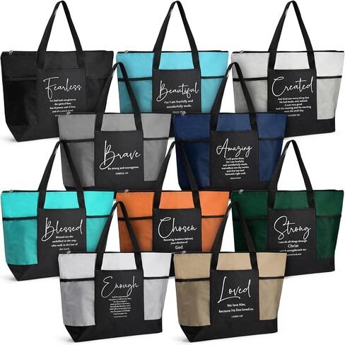 Paterr 10 Pcs Christian Tote Bags Bulk with Pocket Zipper for Women Bible Study Religious Church Gifts for VBS(Classic Color,Religious) in Saudi Arabia