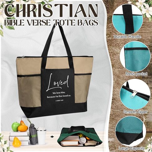 Paterr 10 Pcs Christian Tote Bags Bulk with Pocket Zipper for Women Bible Study Religious Church Gifts for VBS(Classic Color,Religious) in Saudi Arabia