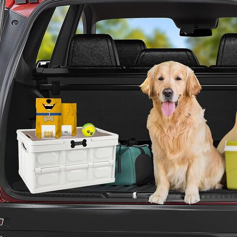 Collapsible Dog Toy Basket wtih Handles,Dog Stuff Organizer Outdoor Portable,Pet Storage Bin with Wood Cover for Dog Toys Snack and Camping Essentials,Ideal for Car Trunk, RV trip,Picnic in Kuwait