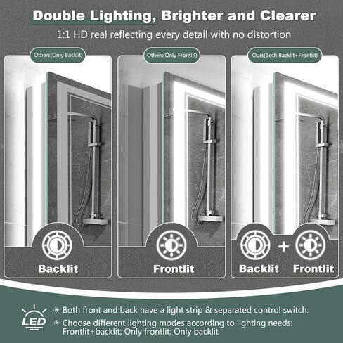مرآة حمام LED مع أضواء: ​​مرايا كبيرة مضاءة مثبتة على الحائط مقاس 24 بوصة × 32 بوصة بدون ضباب، مضادة للضباب، قابلة للتعتيم، وظيفة الذاكرة، زجاج مقسى مقاوم للكسر، Espejos para Baños، مدرج في قائمة ETL in Saudi Arabia