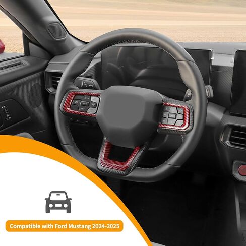 غطاء عجلة القيادة الداخلي من Hoolcar لوحدة التحكم المركزية غطاء عجلة القيادة مناسب لسيارة Ford Mustang 2024-2025، الملحقات الداخلية، ألياف الكربون الحمراء in Saudi Arabia