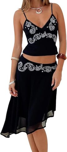 Aopwsrlyi Women Boho Set Sleeveless V Neck Open Back Cami Top and Asymmetrical Midi Skirt Sets Summer 2 piece outfits in Saudi Arabia