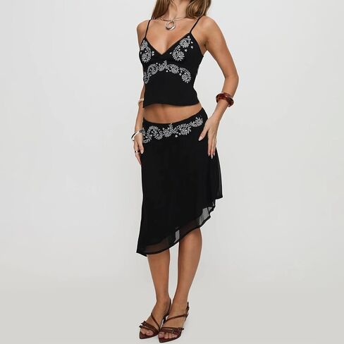 Aopwsrlyi Women Boho Set Sleeveless V Neck Open Back Cami Top and Asymmetrical Midi Skirt Sets Summer 2 piece outfits in Saudi Arabia