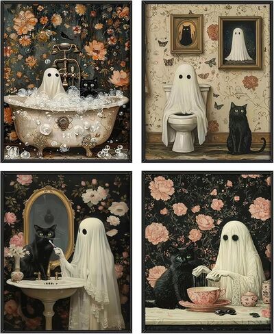TWNSLLA 4pcs Halloween Ghost Pictures Wall Decor,Vintage Halloween Wall Art Black Cat and Cute Ghosts in Bathroom Wall Decor,Retro Spooky Dark Academia Art Prints for Home Bedroom Decoration,Unframed in Kuwait