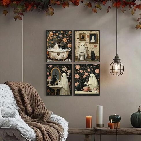 TWNSLLA 4pcs Halloween Ghost Pictures Wall Decor,Vintage Halloween Wall Art Black Cat and Cute Ghosts in Bathroom Wall Decor,Retro Spooky Dark Academia Art Prints for Home Bedroom Decoration,Unframed in Kuwait
